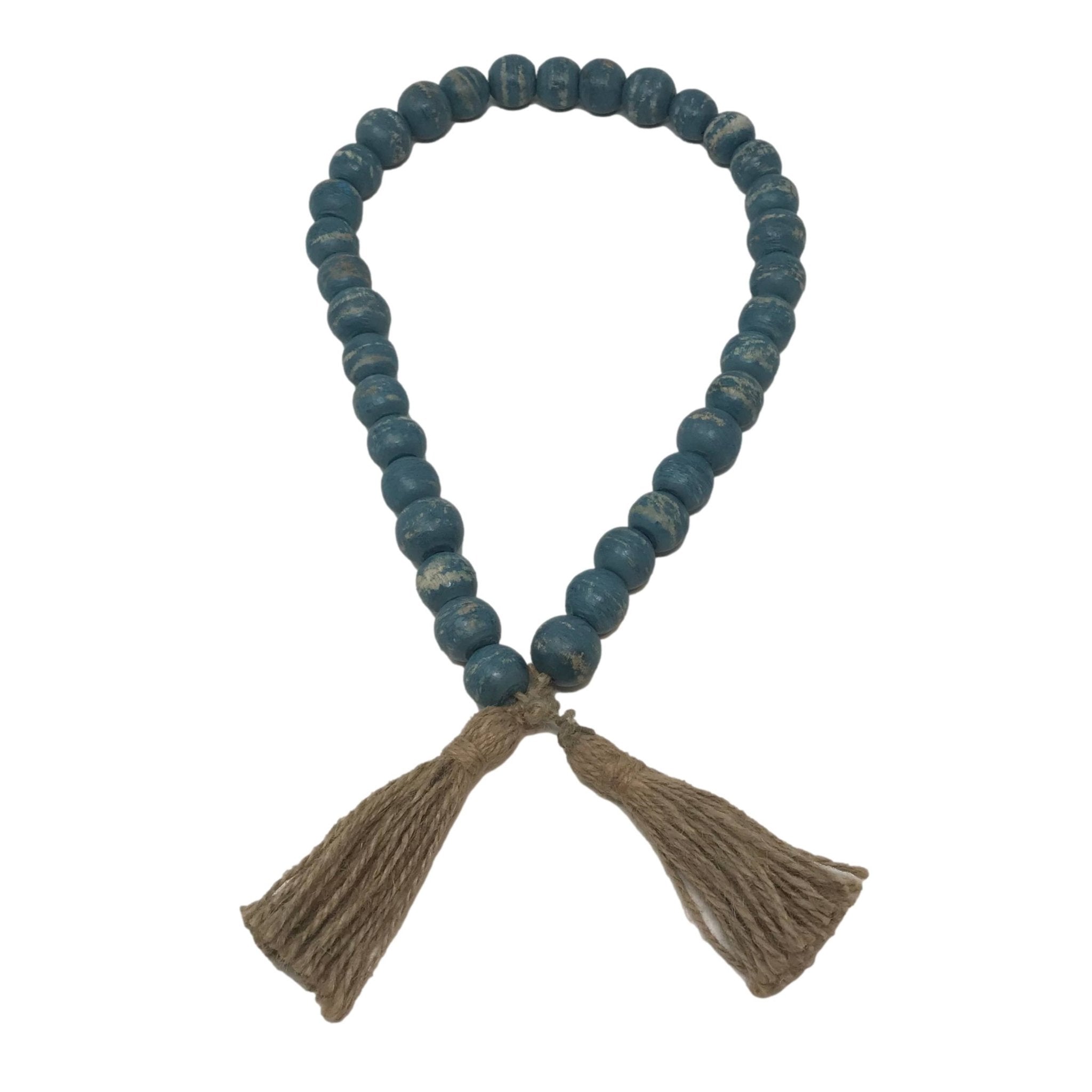 Wooden Boho Bead Garland with Natural Jute Tassels-Whitewash: Grey Washed - HER Home Design Boutique